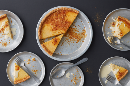 Slices of cheesecake on plates with forks, some pieces missing.